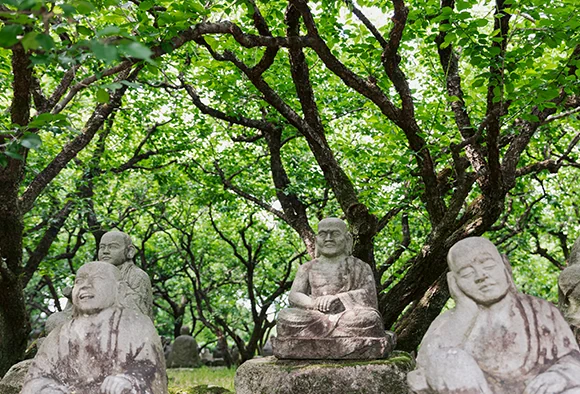 芝生斜面と羅漢像のある梅林